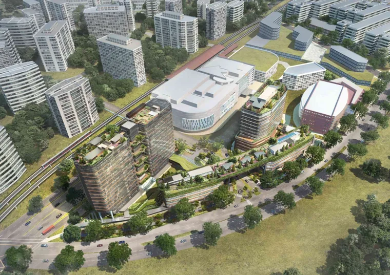 Aerial view of Woods Square beside Causeway Point and Woodlands MRT