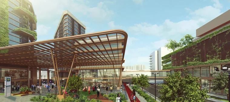 Landscaped plaza and covered walkway at Woods Square