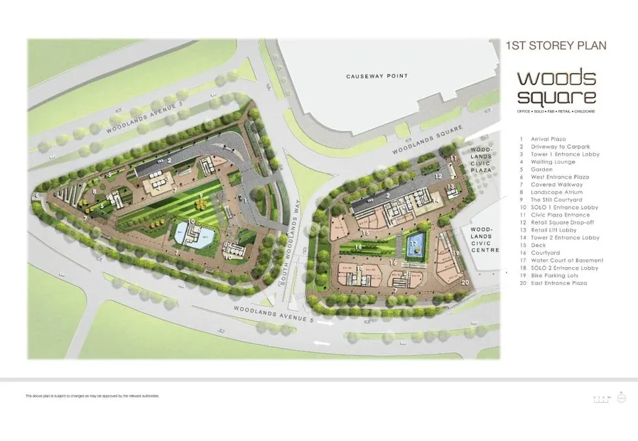 Woods Square 1st storey site plan showing entrances, plazas, gardens and retail