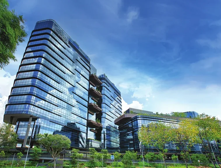 Woods Square glass faÃ§ade with wood-grain inspired horizontal fins