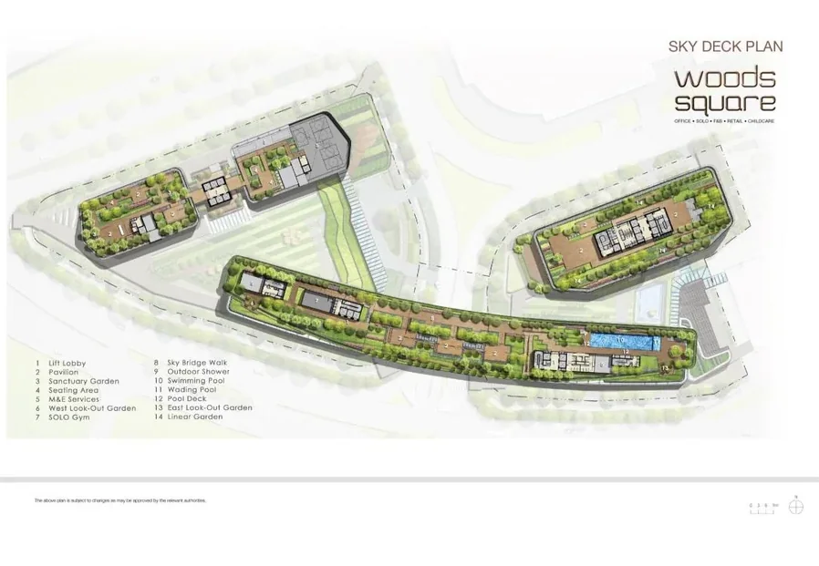 Woods Square sky deck plan with swimming pool, gym, pavilions and gardens