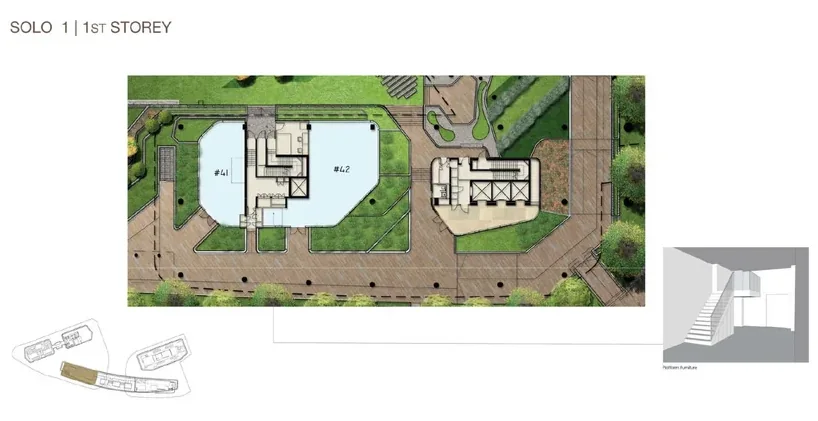 Woods Square SOLO 1 — 1st Storey floor plan with unit numbers and sizes
