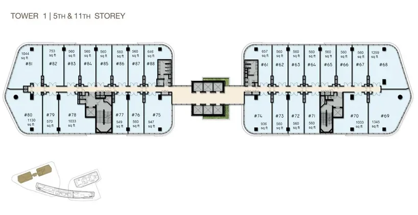 Woods Square Tower 1 — 11th Storey floor plan with unit numbers and sizes