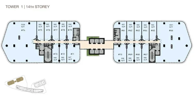Woods Square Tower 1 — 14th Storey floor plan with unit numbers and sizes