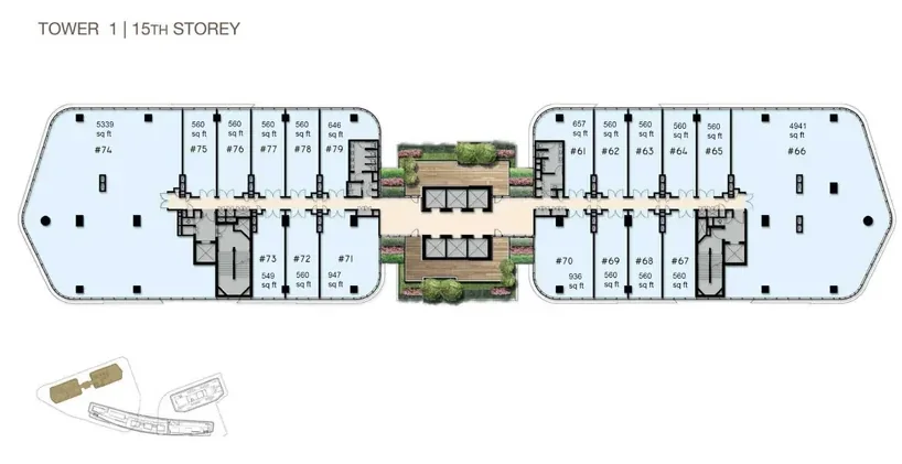Woods Square Tower 1 — 15th Storey floor plan with unit numbers and sizes