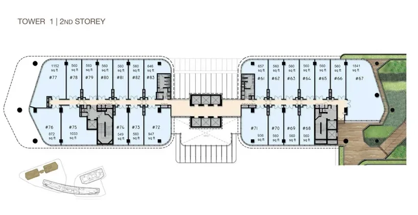 Woods Square Tower 1 — 2nd Storey floor plan with unit numbers and sizes