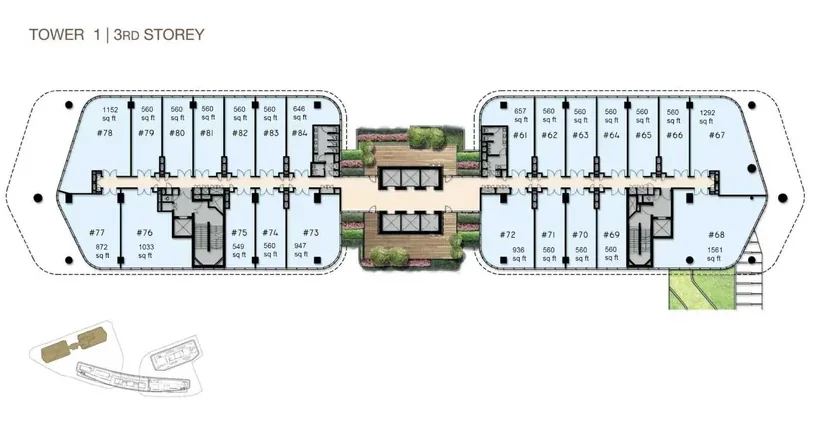 Woods Square Tower 1 — 3rd Storey floor plan with unit numbers and sizes