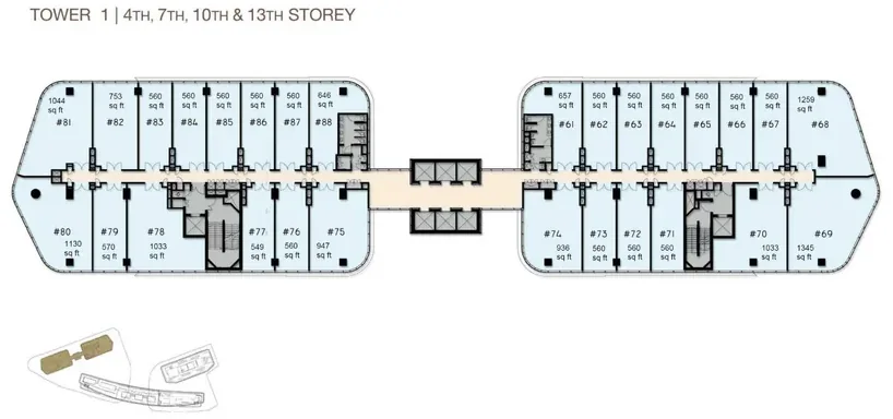 Woods Square Tower 1 — 4th Storey floor plan with unit numbers and sizes