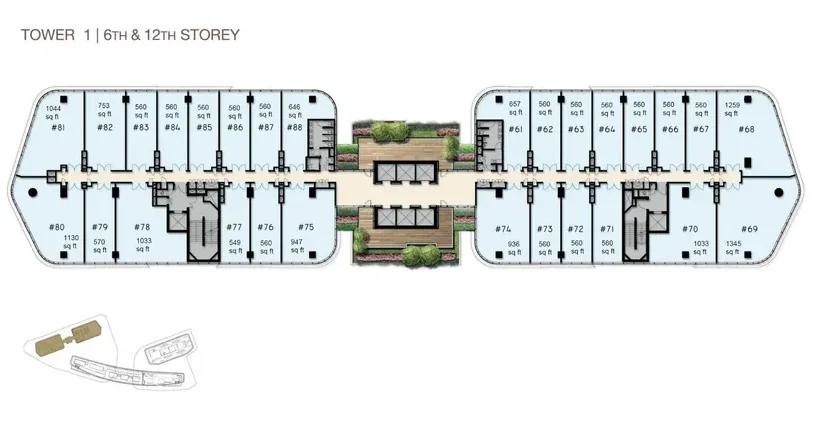 Woods Square Tower 1 — 6th Storey floor plan with unit numbers and sizes