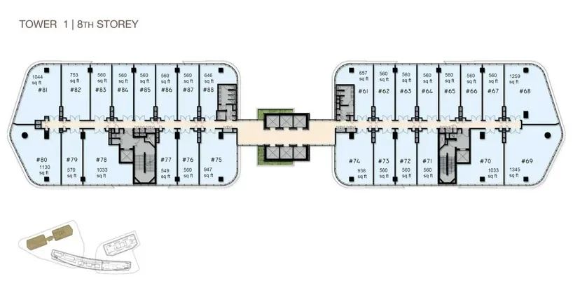 Woods Square Tower 1 — 8th Storey floor plan with unit numbers and sizes