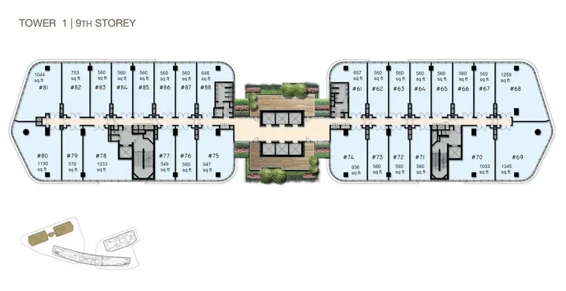 Woods Square Tower 1 — 9th Storey floor plan with unit numbers and sizes